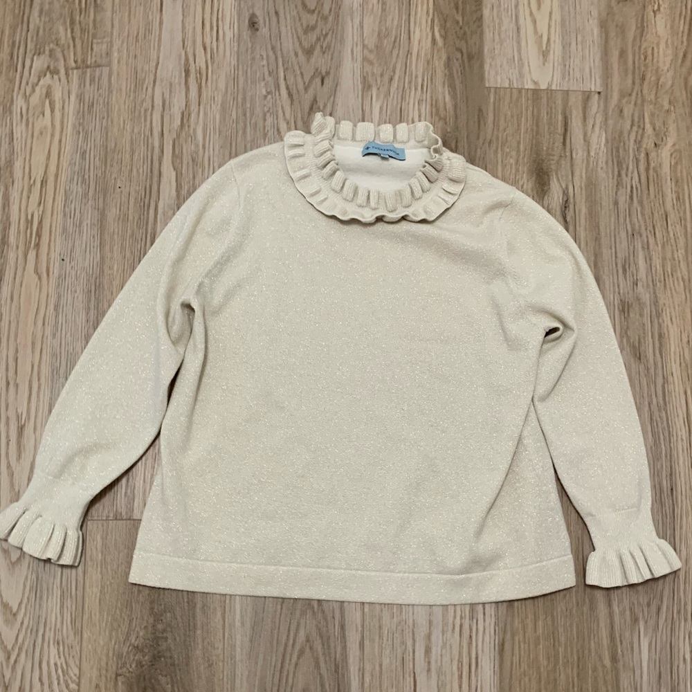 Tuckernuck Ivory Shimmer Edie Ruffle Sweater Wool Cashmere Metallic - XXL